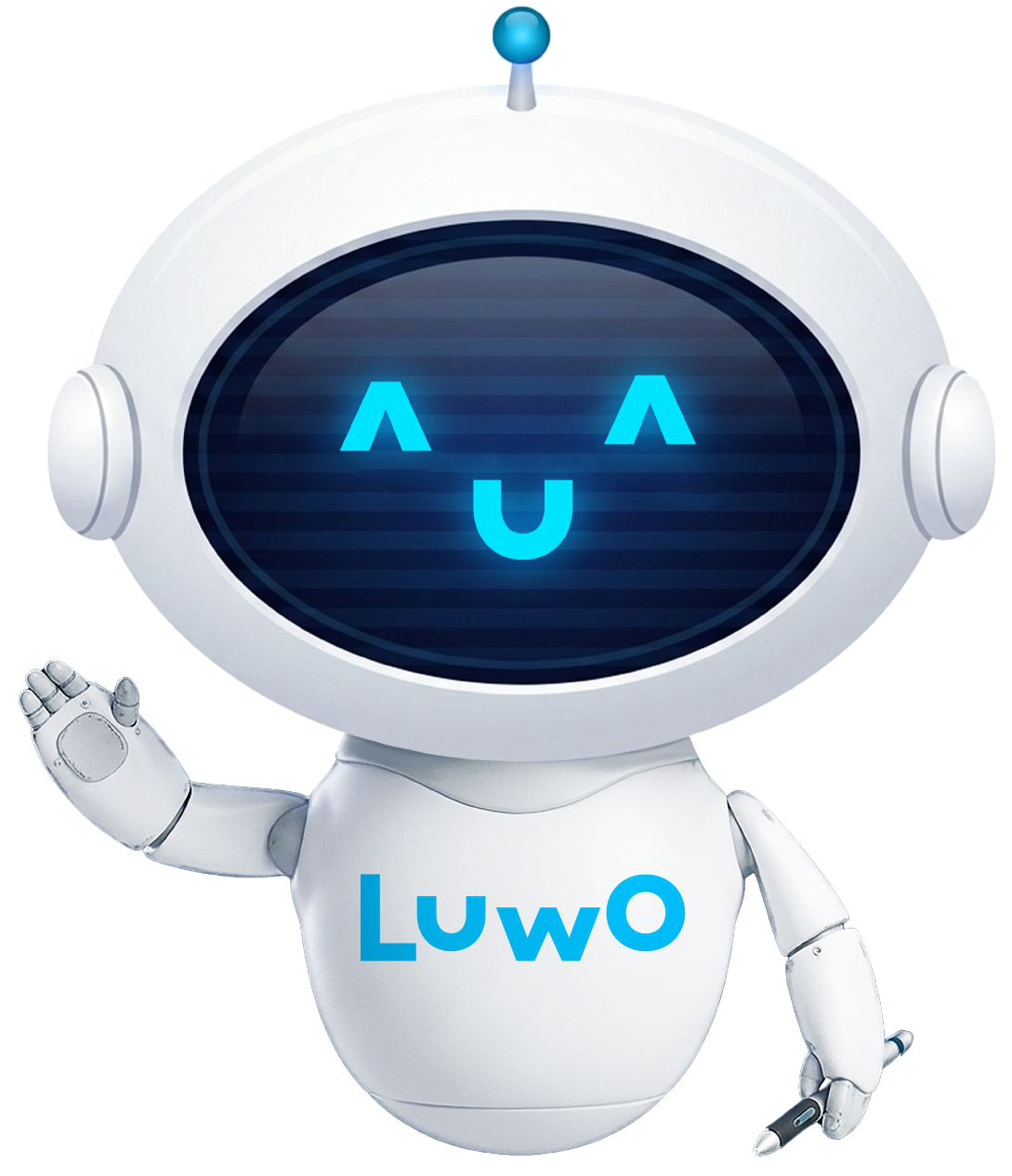 Белый робот LUWO с лазурной улыбкой на экране, машущий рукой